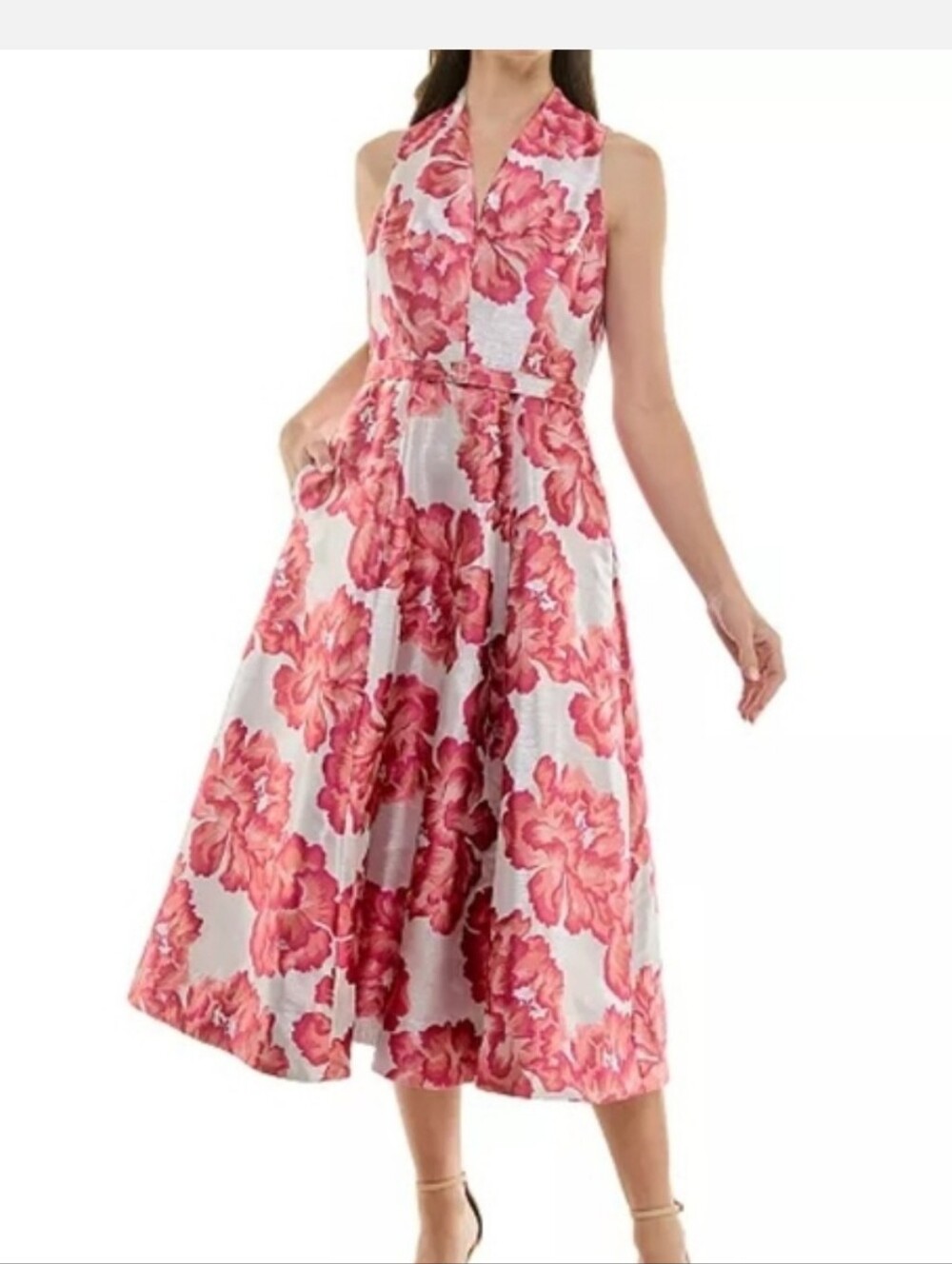 Just Taylor NWT Size 6 Pink Floral Jacquard Fit Flare Midi Dress Belted $158